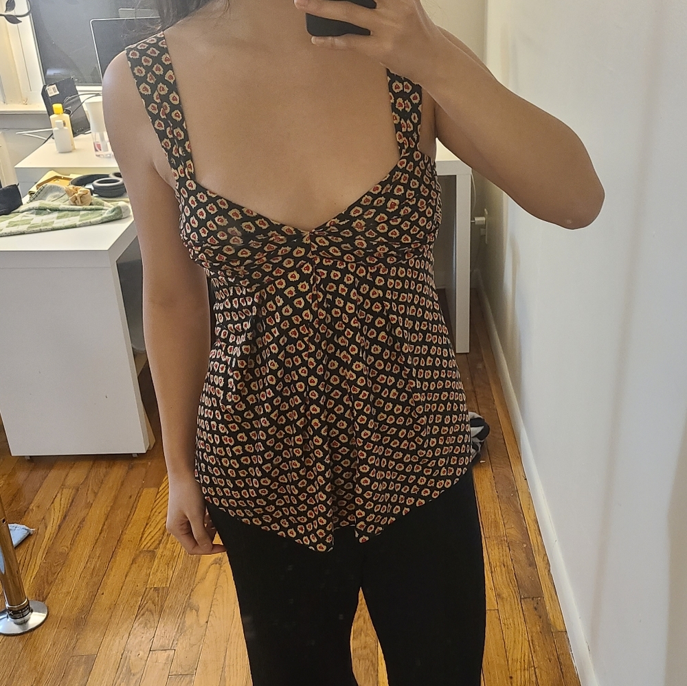 Diane Von Furstenberg Black and Tan Printed Silk Camisole